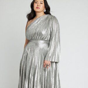Elloqui- Metallic One Shoulder Dress